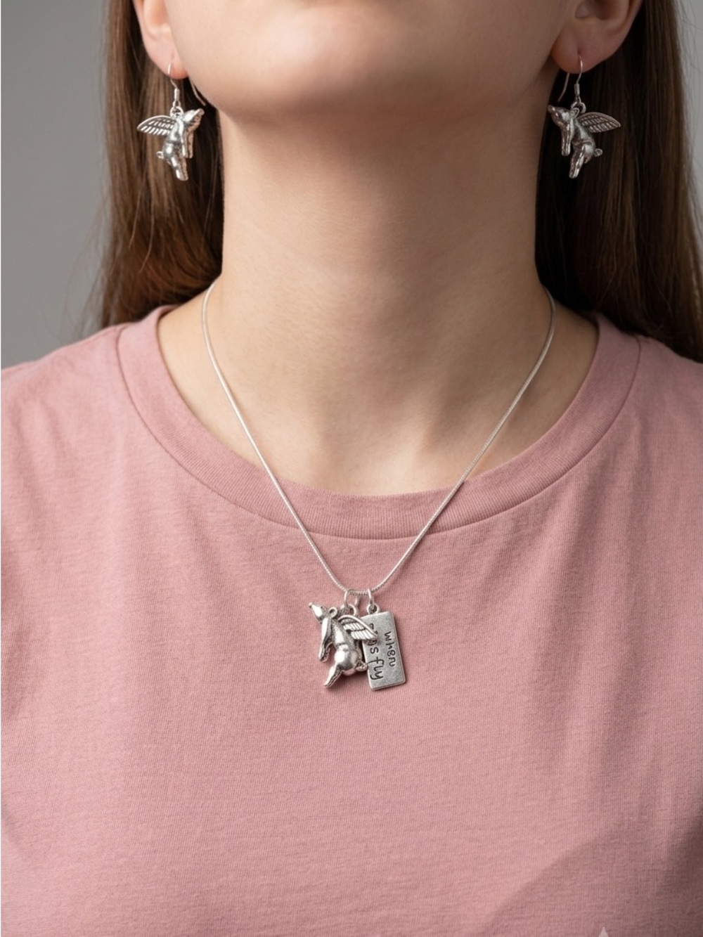 When Pigs Fly Necklace & Earrings Set | Silver Tone Winged Pig Jewelry